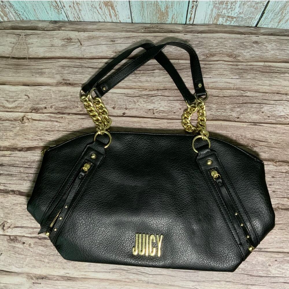 Juicy Couture Black Satchel Y2K Bag Gold Embroidered Logo Handbag Shoulder